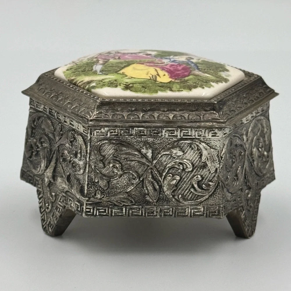 Vintage Farrington Footed Metal Hexagonal Shaped Trinket Box